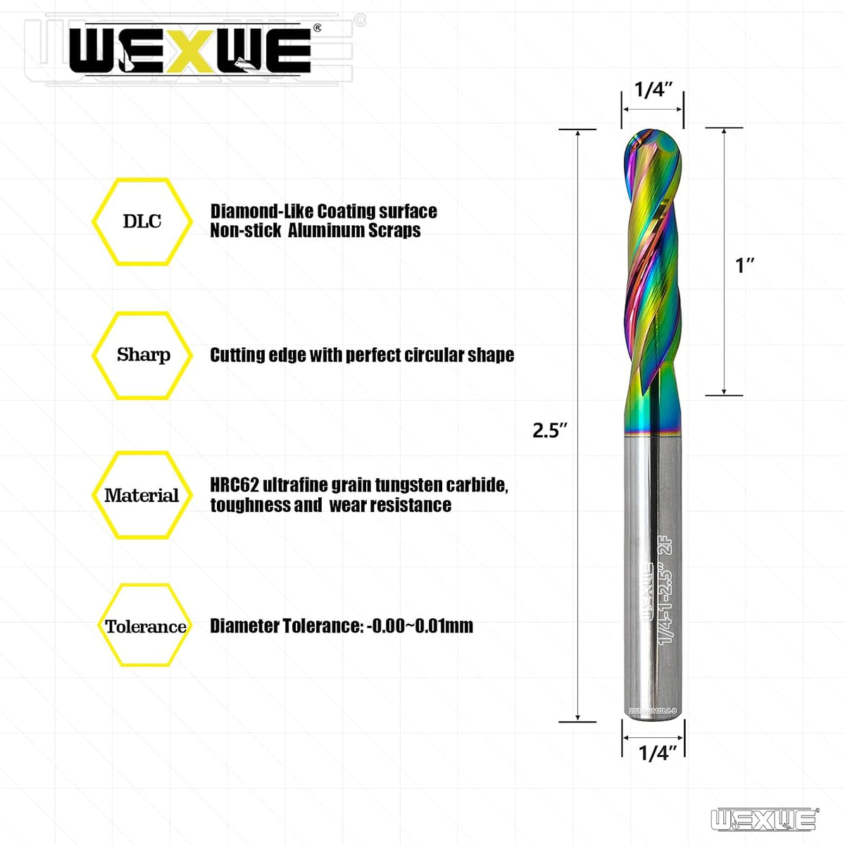 Tools Extra Long Ball Nose Carbide End Mill, DLC Coating, CNC Cutting Tools for Aluminum and Wood Cutting, 3D Carving & Engraving. 2 Flute Router Bits，1/4 Shank (1/4-2.5" 2pcs)
