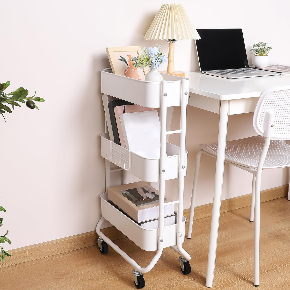 Slim 3-Tier Rolling Utility Cart with Extra Hook, White