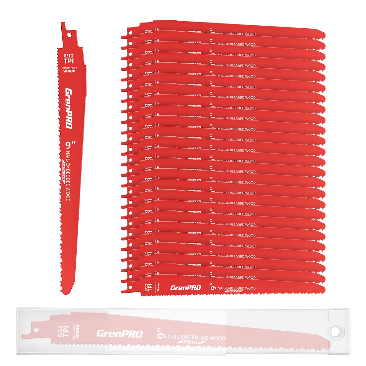 GRENPRO 26Pcs 9 Inch 6/12 TPI Reciprocating Saw Blades for Wood with Nails