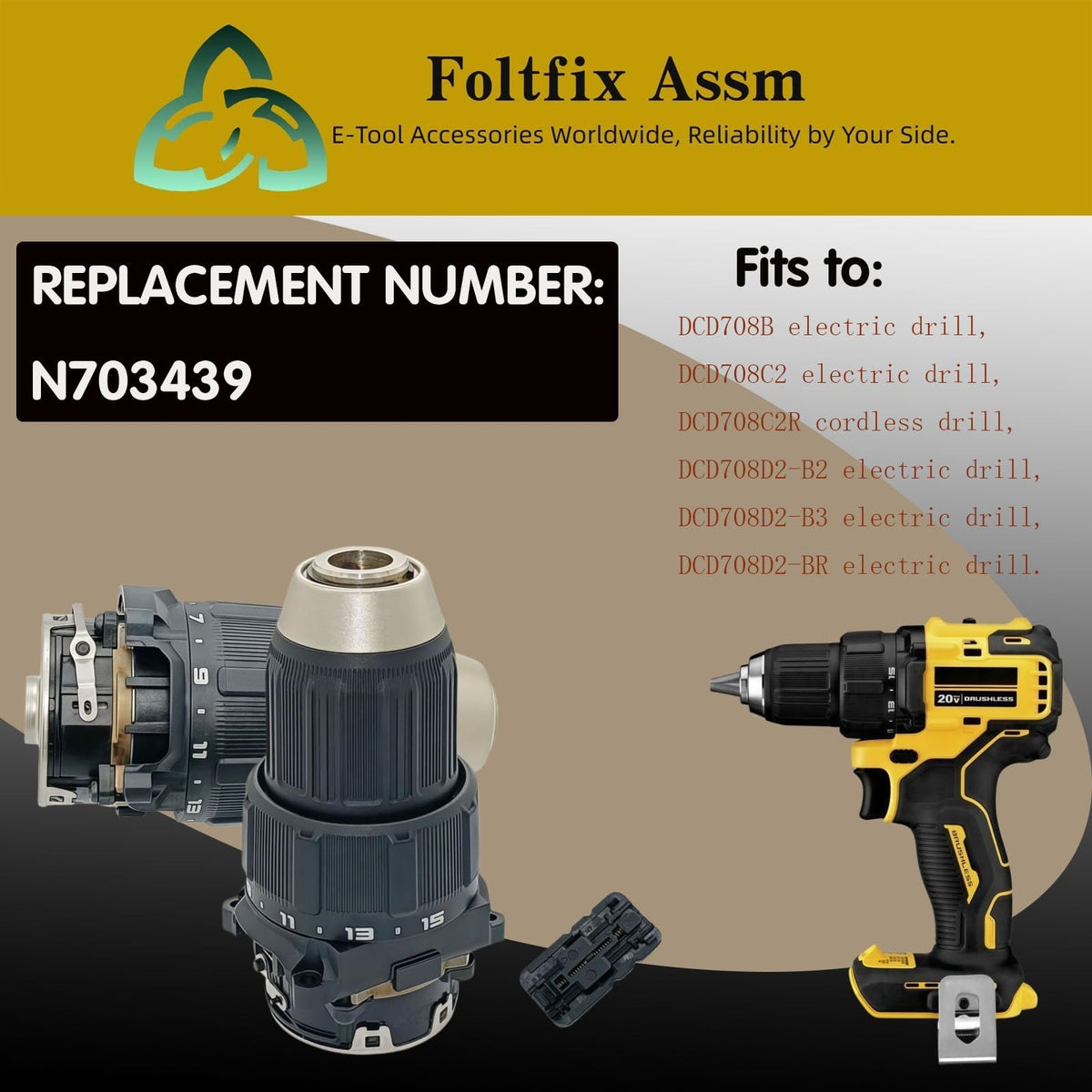 DCD708 N703439 Replace for Dewalt DCD708B DCD708B-CA Gear Box Assembly DCD708C2 DCD708C2-CA DCD708C2R DCD708D2-B2 DCD708D2-B3 DCD708D2-BR Drill Transmission
