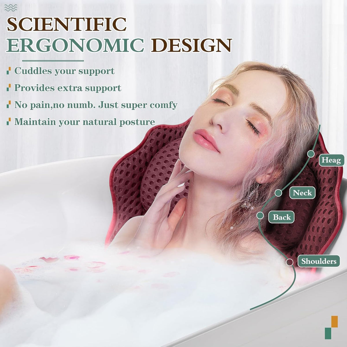 Bath Pillow RUVINCE Ergonomic Luxury Bathtub Pillow with Head,Neck, Shoulder and Back Support, 4D Bath Pillows for