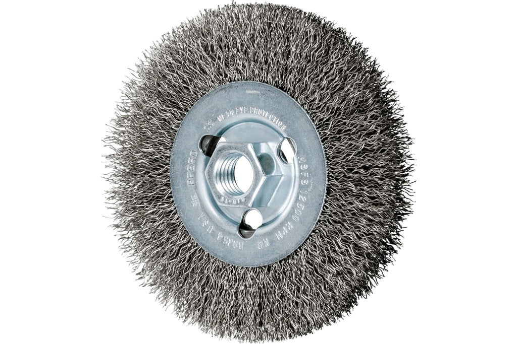 PFERD Crimped Wheel Brush, Stainless Steel Wire, 4-1/2" Diameter, 5/8-11 Thread, 0.014 Wire Size, 15/16" Trim Length, 1/2" Face Width, 12500 max RPM - Part 80354