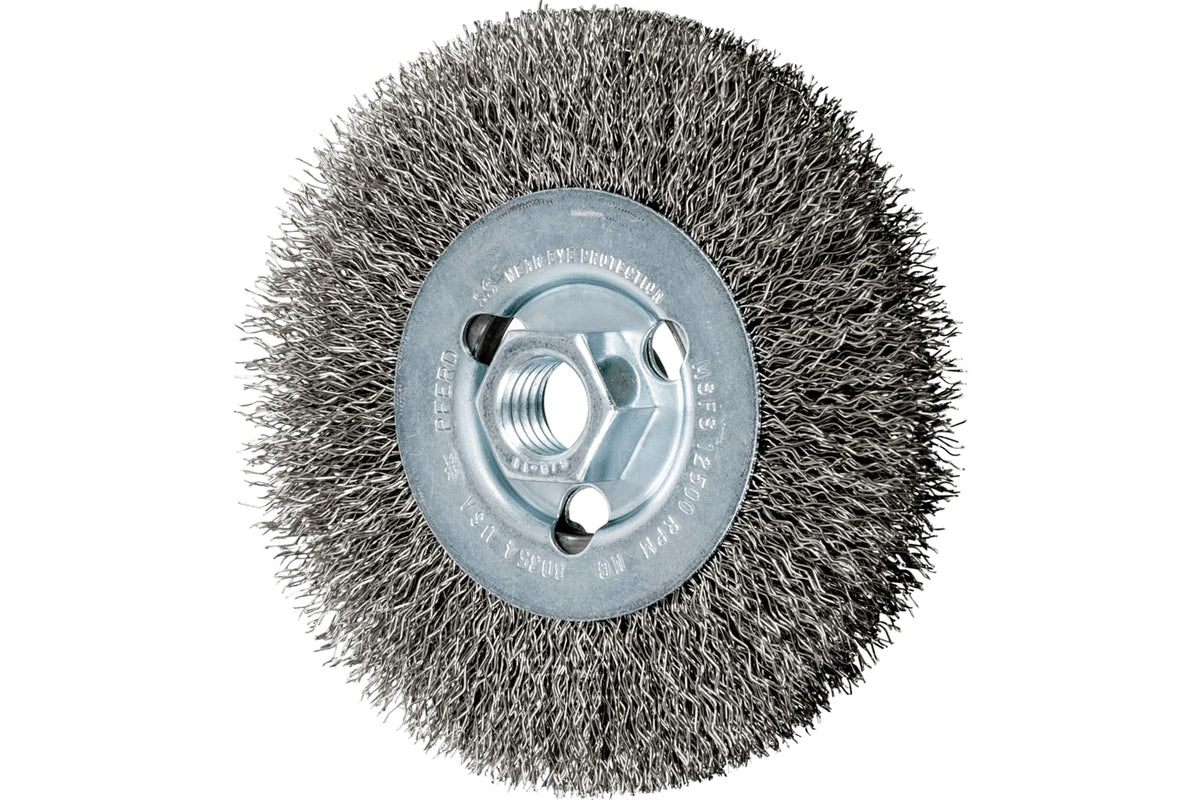 PFERD Crimped Wheel Brush, Stainless Steel Wire, 4-1/2" Diameter, 5/8-11 Thread, 0.014 Wire Size, 15/16" Trim Length, 1/2" Face Width, 12500 max RPM - Part 80354