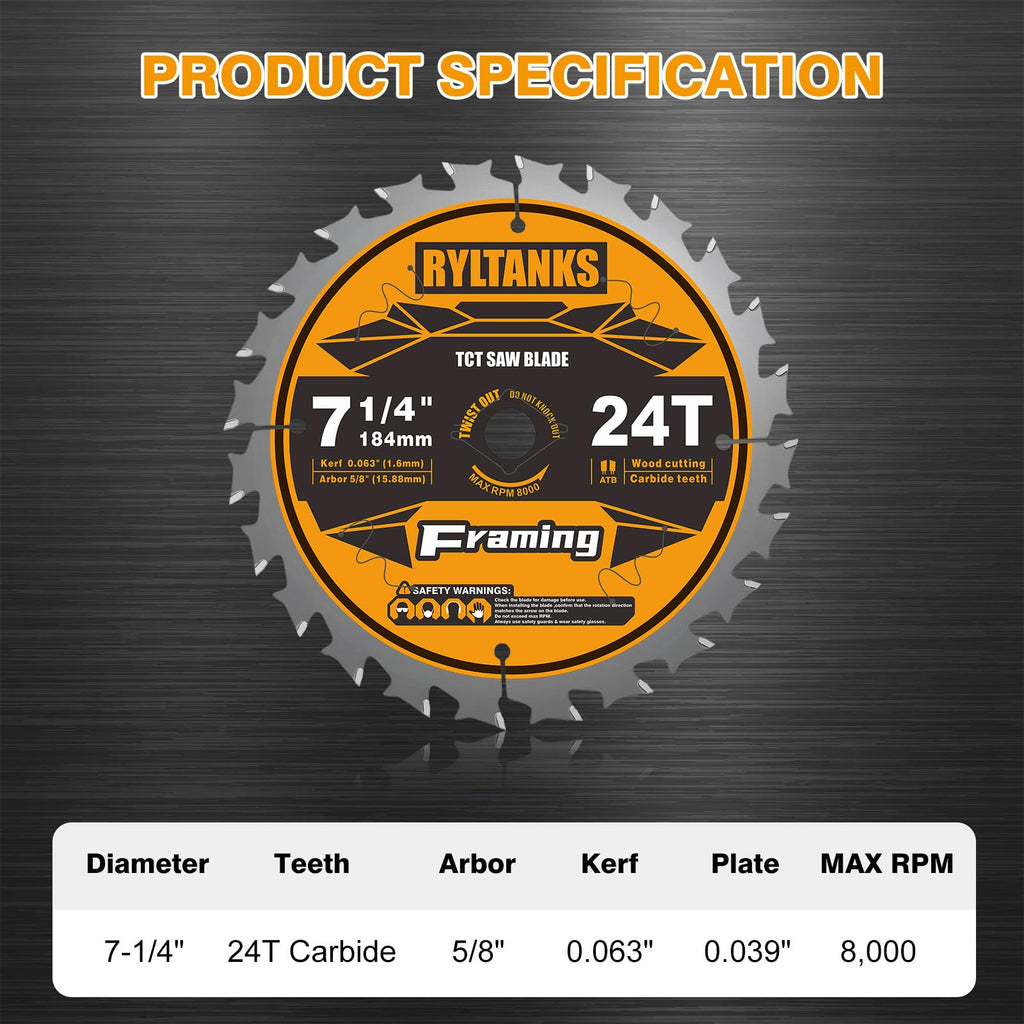 Ryltanks 7-1/4 Inch Circular Saw Blade 24T with 5/8 Inch Arbor, 10-Pack