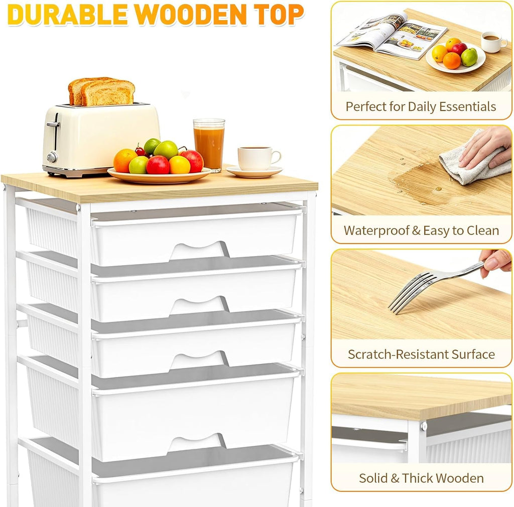 Rolling Carts With 5 Drawers, Storage Drawer Carts for Craft, White