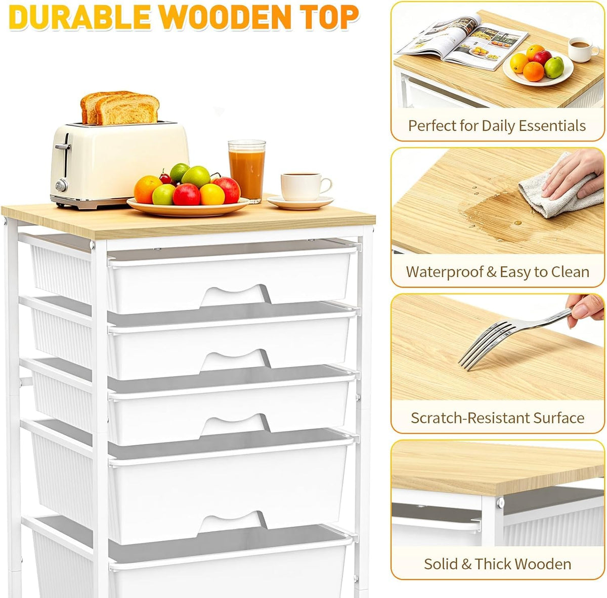 Rolling Carts With 5 Drawers, Storage Drawer Carts for Craft, White