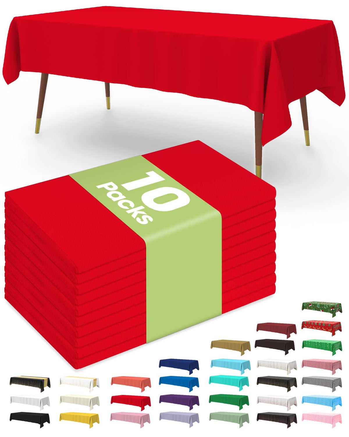 Plastic Table Cloth Disposable 10 Pack, 54 x 108 Inch Table Cloths, Valentines Day, Thanksgiving, Christmas
