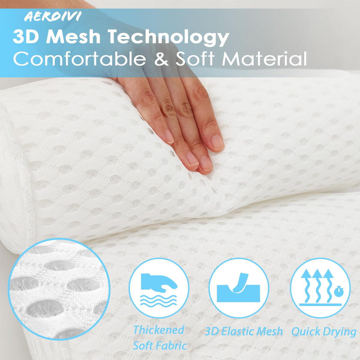 Luxury Bath Pillows for Tub Soft Mesh Strong 6 Suction Cups White
