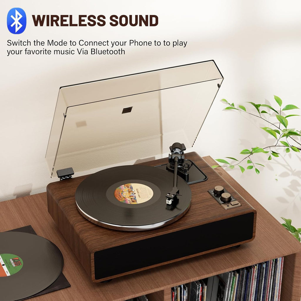 Vinyl Record Player with Magnetic Cartridge and Built-in Speakers | Belt-drive turntable with 33/45 RPM playback