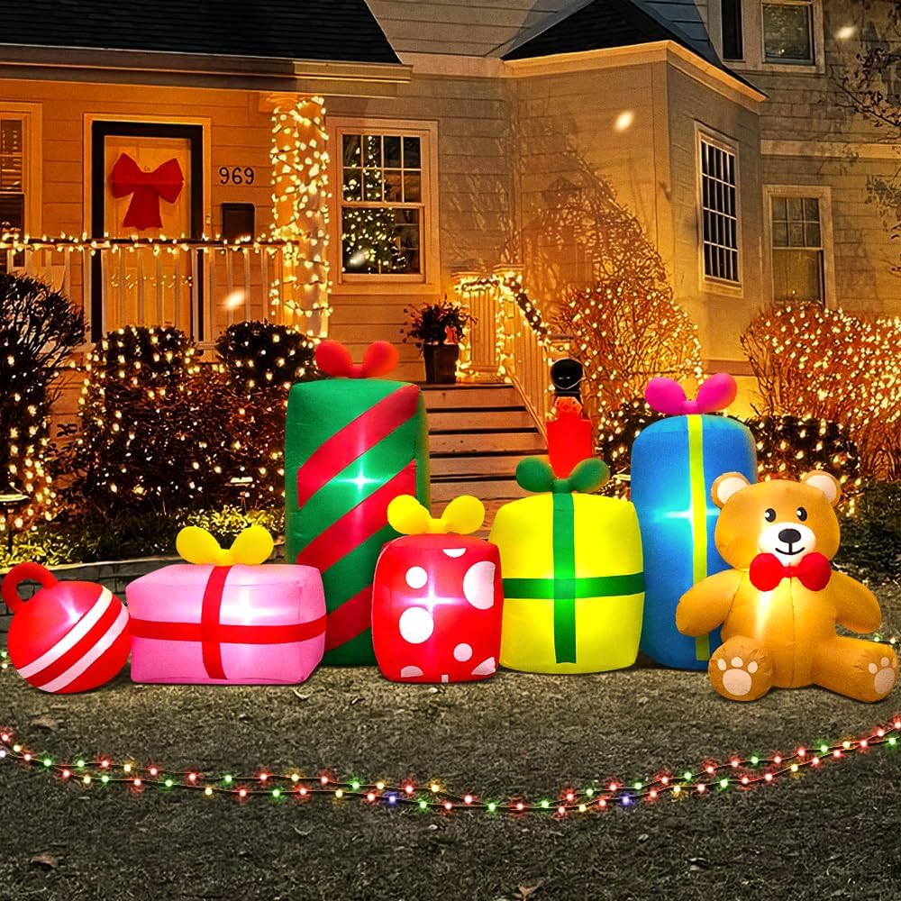 10FT Giant Christmas Inflatables Outdoor Decorations Gift Boxes and Bear