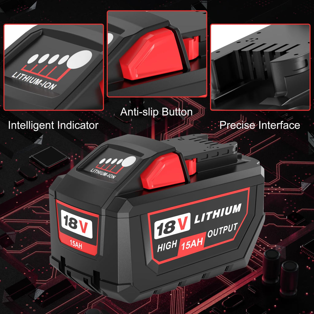 2Packs Extended 15Ah High Output Replacement for Milwaukee 18V Battery
