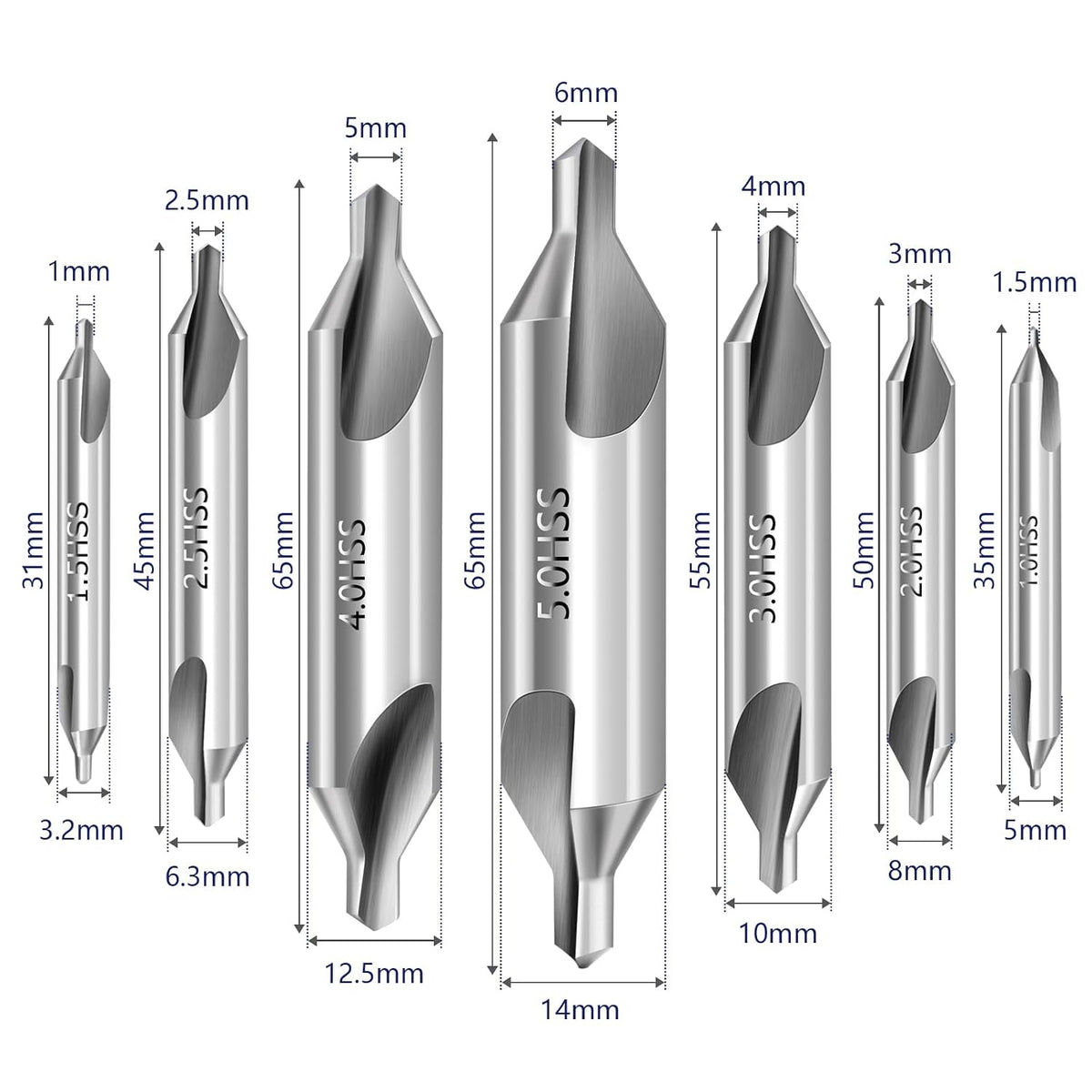 Center Drill Bit Set - M2 High Speed Steel Center Drill, 7pcs 60-Degree Angle Centering Drill Bits Countersink Tools for Lathe Metalworking in Size 1.0 1.5 2.0 2.5 3.0 4.0 5.0