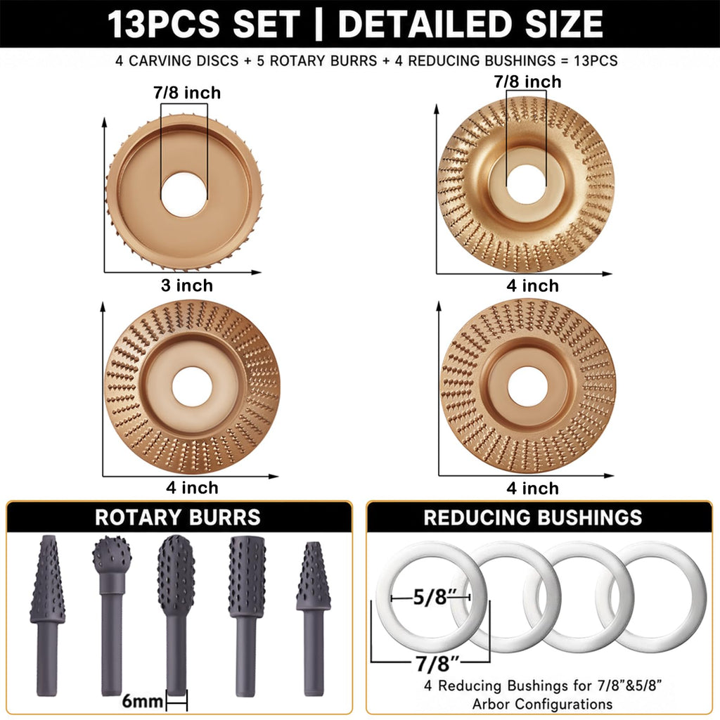 13PCS Wood Carving Disc Set for Angle Grinder，for 4" or 4 1/2"Angle Grinder