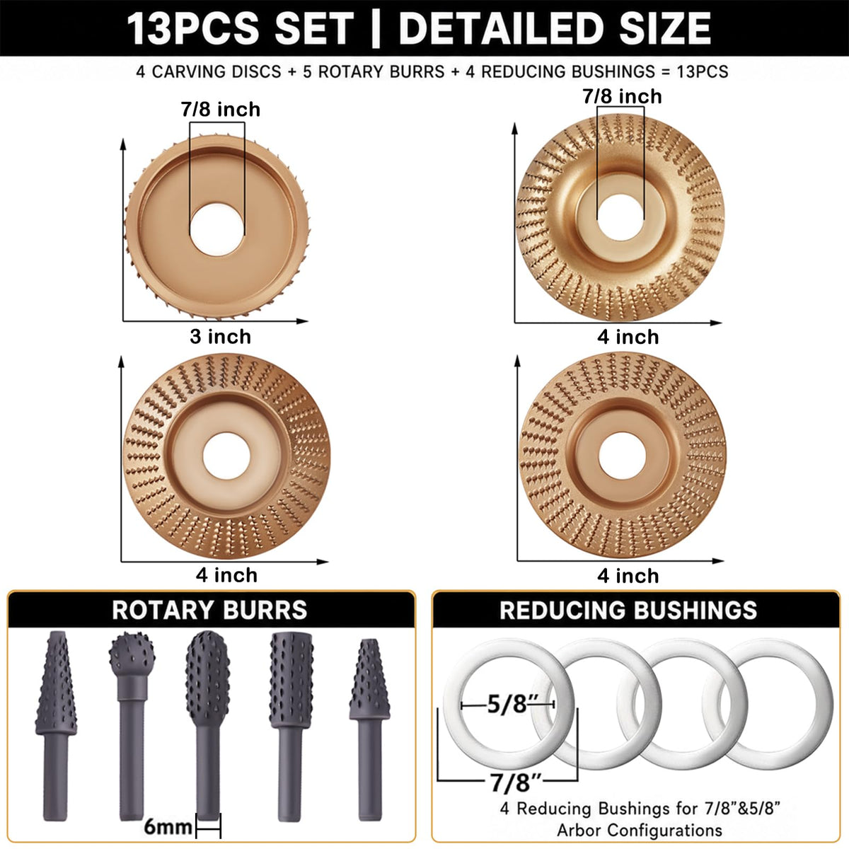 13PCS Wood Carving Disc Set for Angle Grinder，for 4" or 4 1/2"Angle Grinder