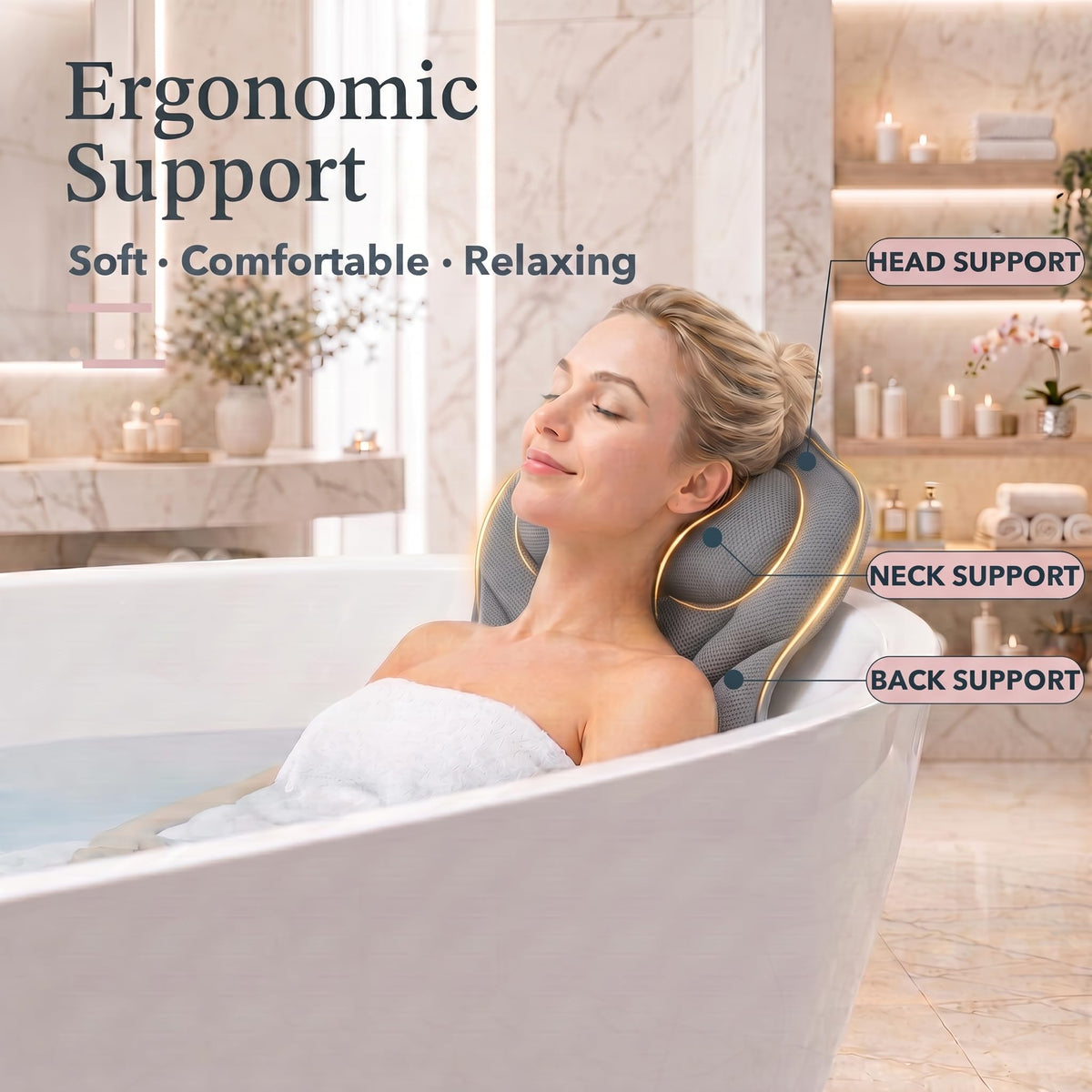 Bathtub Pillows, Non-Slip Breathable Bath Pillows with Neck Support Grey