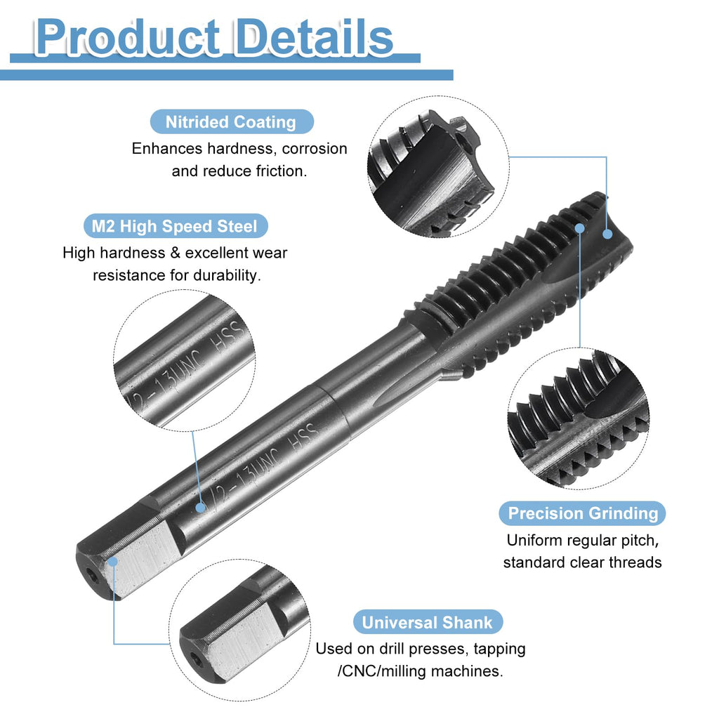 uxcell Spiral Point Thread Tap 1/2-13 UNC 2B, Nitride Coated Machine Screw Tap Tapping Bit Threading Repair Tool, M2 High-Speed Steel (HSS)