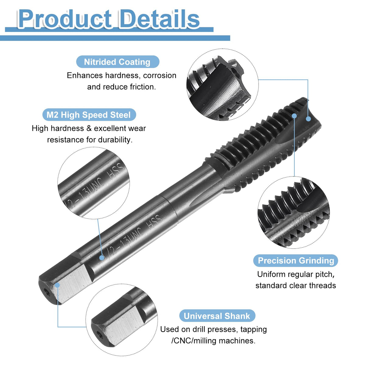 uxcell Spiral Point Thread Tap 1/2-13 UNC 2B, Nitride Coated Machine Screw Tap Tapping Bit Threading Repair Tool, M2 High-Speed Steel (HSS)