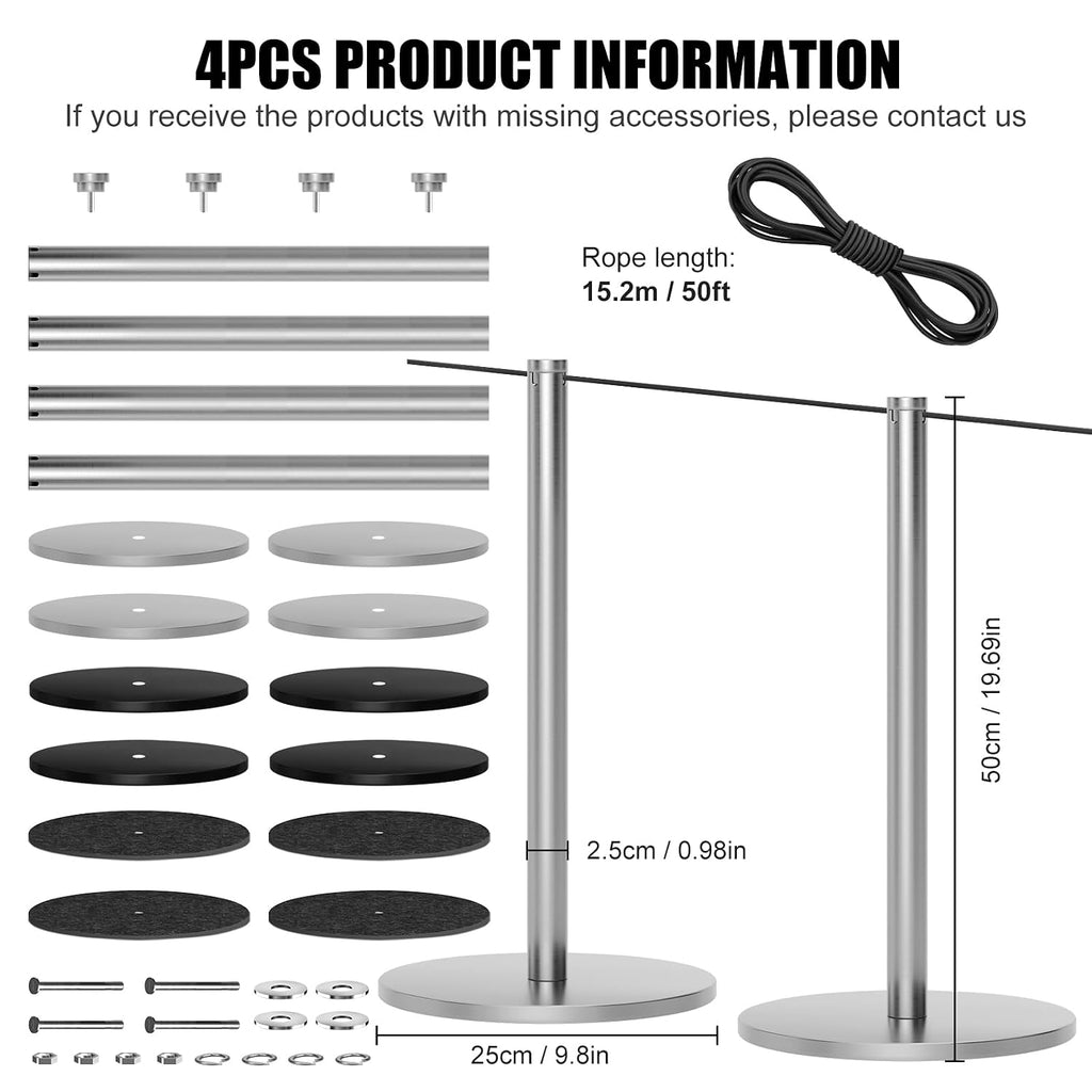 4Pcs Museum Short Stanchions 50 Feet Crowd Control Barrier (Silver)