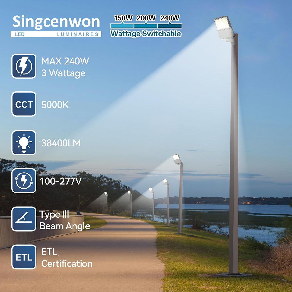 LED Parking Lot Light: 150W/200W/240W Selectable, Shoebox Light Arm Mount