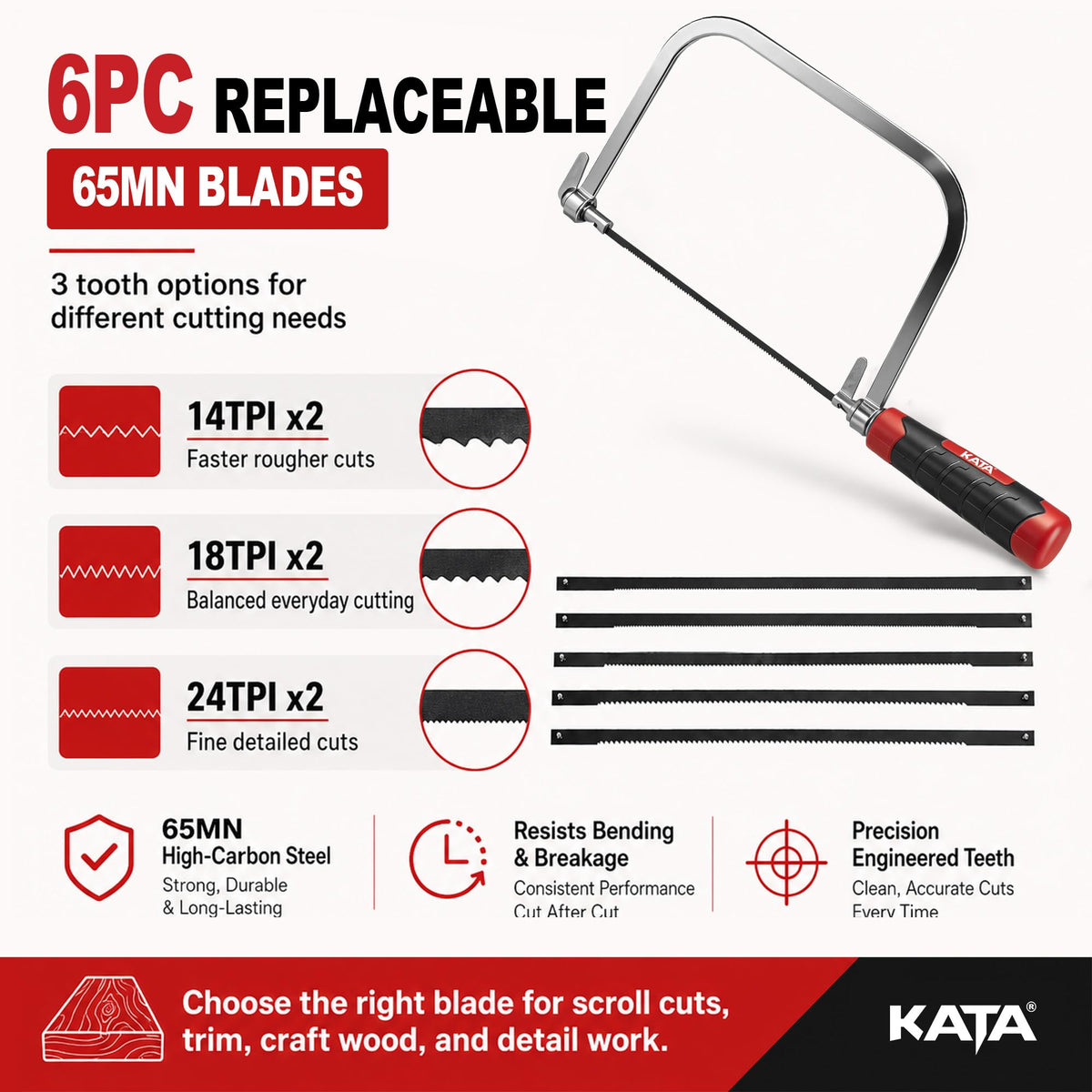 KATA 6.5" Coping Saw, Precision Woodworking & Craft Hand Saw with 6 Blades