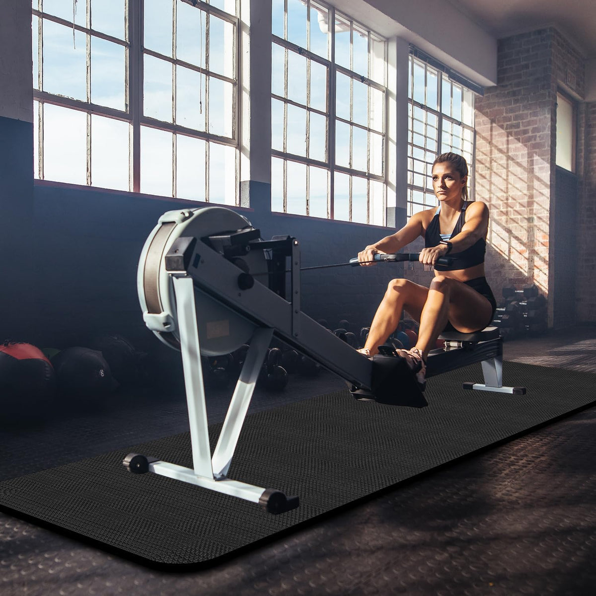 Rowing Machine Mat 96" x 28" with Sports Towel and Strap,Treadmill Mat Compatible with Peloton Bike, Row & Concept 2