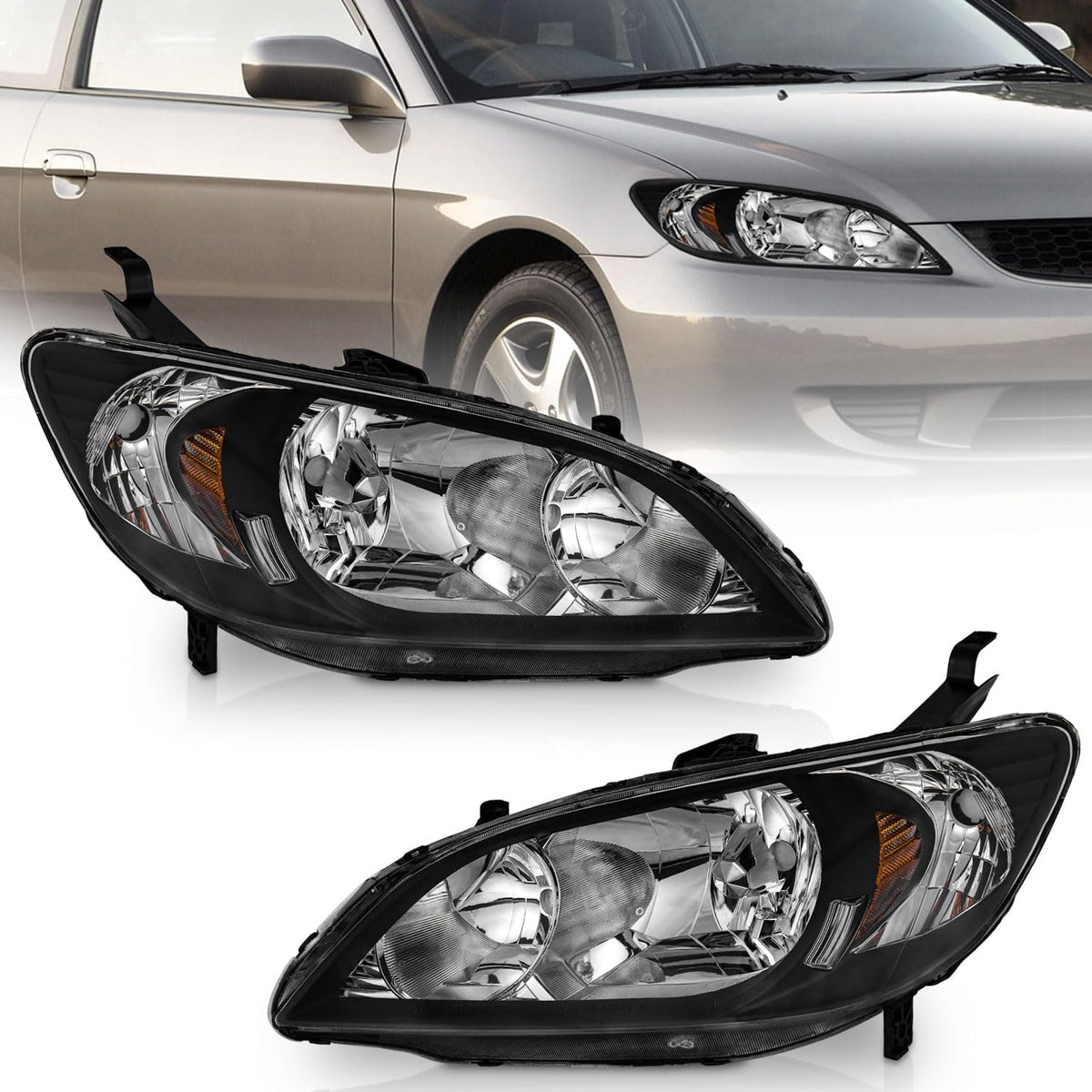 WEELMOTO Halogen Headlights Assembly for 2004-2005 Honda Civic 2/4Door