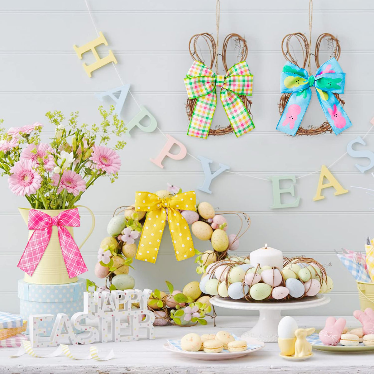 4PCS Easter Spring Pastel Wired Ribbon Rolls, Easter Bunny Wired Edge Ribbons, Decorative Wrapping Ribbon for Gift