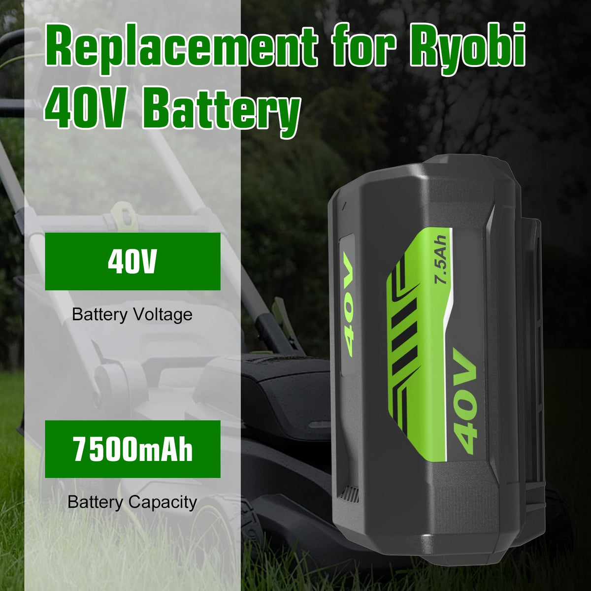 7.5Ah 40 Volt Replacement for Ryobi 40V Battery 7500mAh OP40601 OP40602
