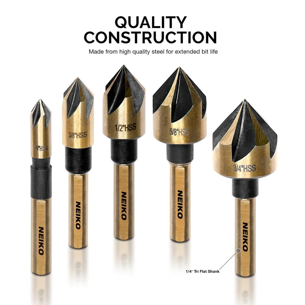 NEIKO 10218A Countersink Drill Bit Set for Wood and Metal, 1/4” Tri-Flat Shank, 5 Piece Countersink Bits, M2 High Speed Steel