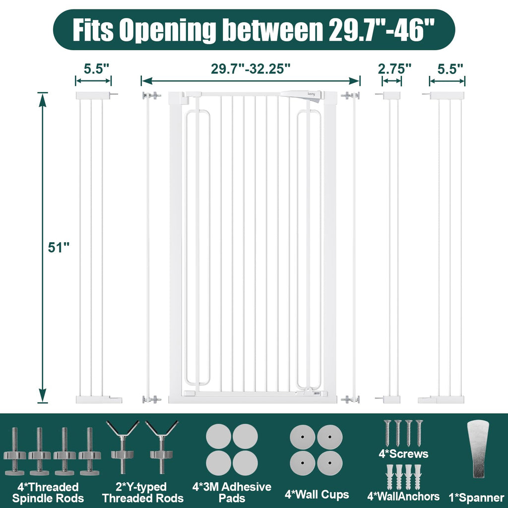 51" x 29.7-46" Wide Extra-Tall Full-Height Anti-Jump Cat & Pet Safety Gate with Narrow Bar Spacing & Double-Lock Walk-Through Door for Doorways & Stairs