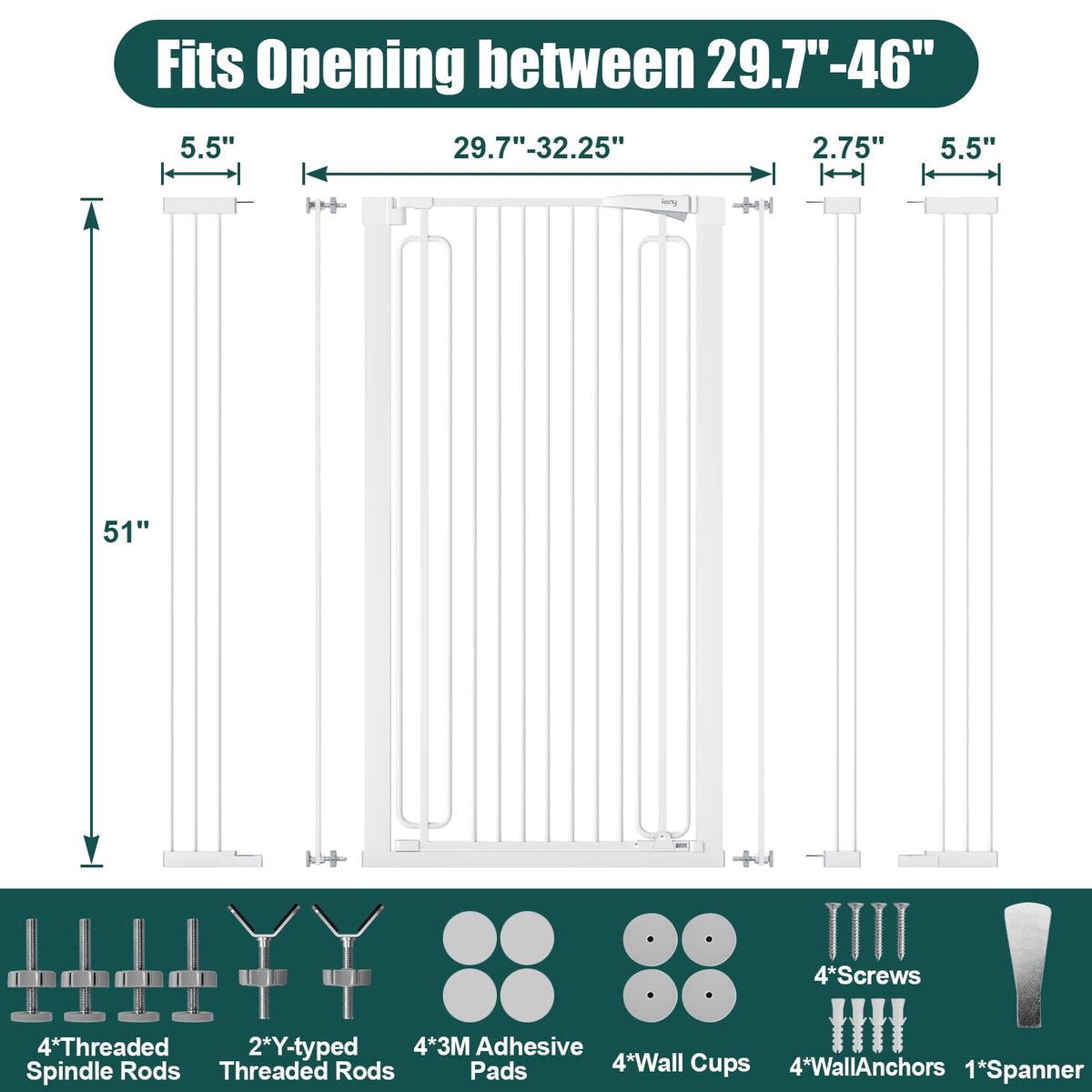 51" x 29.7-46" Wide Extra-Tall Full-Height Anti-Jump Cat & Pet Safety Gate with Narrow Bar Spacing & Double-Lock Walk-Through Door for Doorways & Stairs