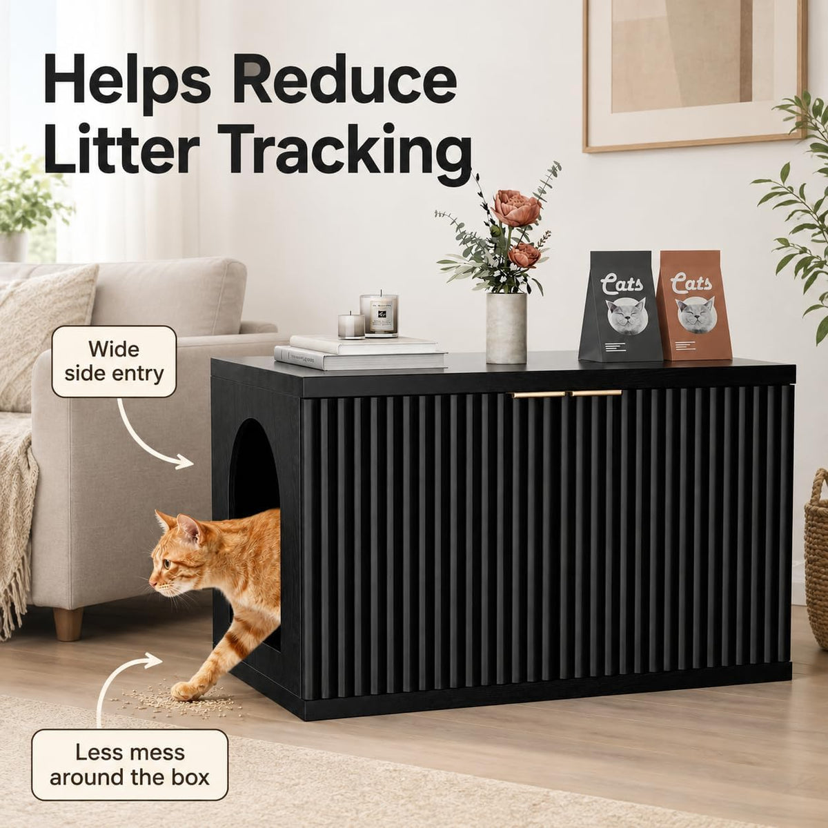 Cat Litter Box Enclosure,Modern Fluted Accent,Black