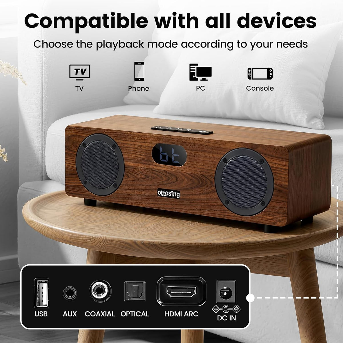 2.1 Sound Bar for Smart TV, Built-in 30W Subwoofer, Bluetooth 5.0,Optical/HDMI ARC/AUX/USB Inputs, Wooden Home