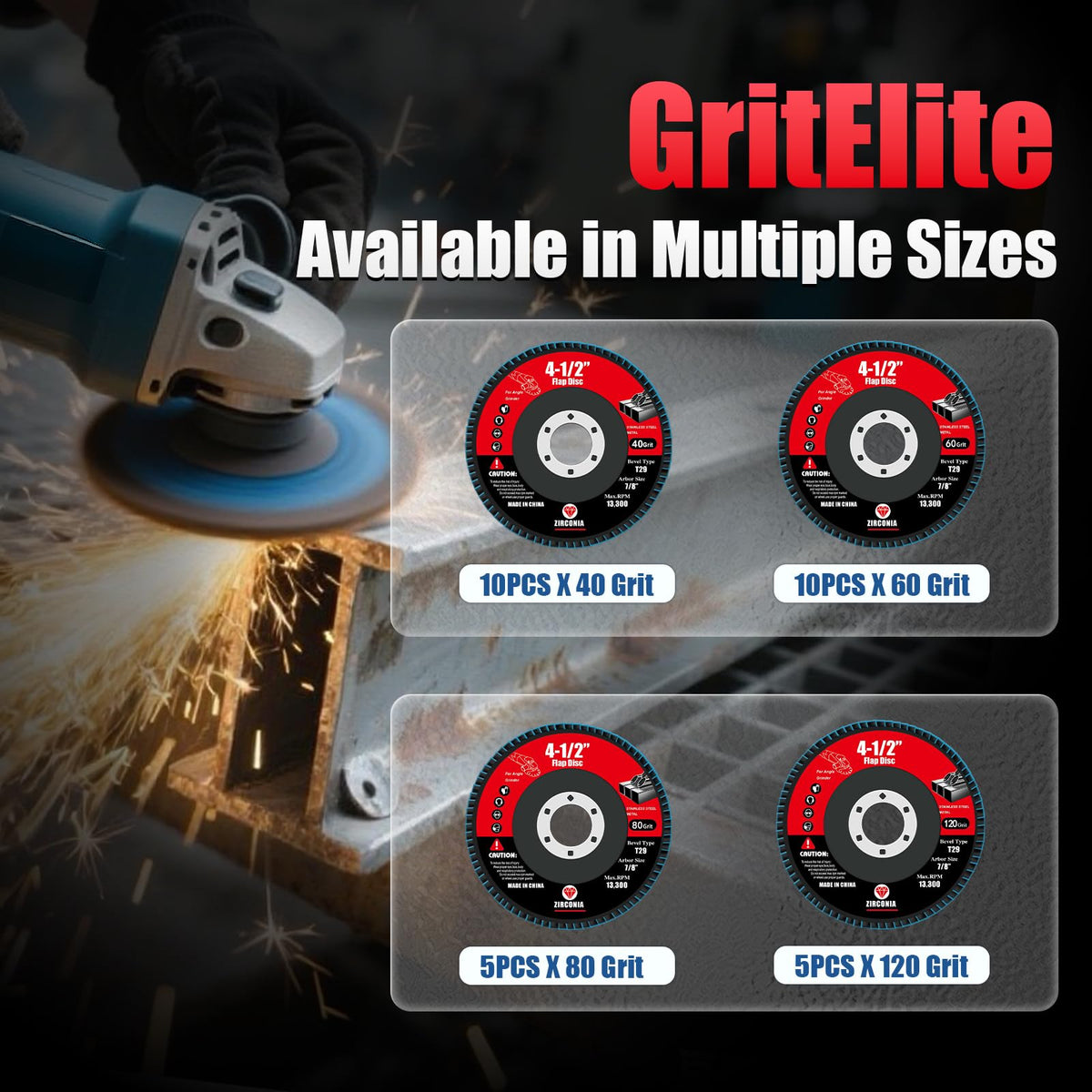 GritElite 30 Pack Flap Discs 4 1/2 for Angle Grinder, 40/60/80/120 Grit Type 29 Zirconia Abrasive Grinding Wheel, 7/8" Flap Sanding Disc for Metal, Wood, Stainless Steel Finishing