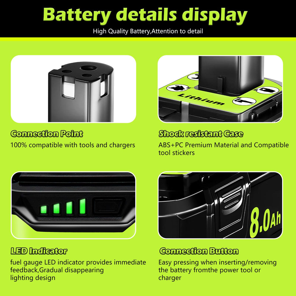 Replacement for Ryobi 18V Battery: 8.0Ah Replace Compatible with Ryobi Lithium Battery P107 P108 Cordless Power Tools