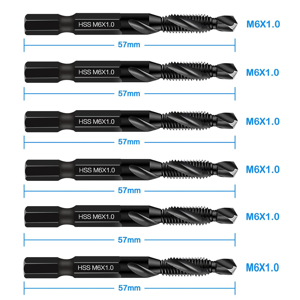 DKIBBITH 6 Packs M6 Combination Drill & Taps Bit Set, Screw Threading Tapping Tools in Size M6*1.0 with Anti-Rust Black Coating, 1/4" Hex Shank and Storage Case