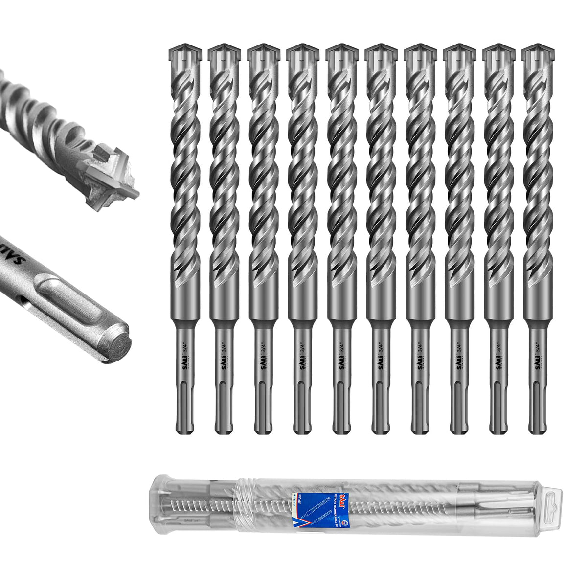 SALI 10PCS 3/4"*8" SDS Plus Rotary Hammer Drill Bit Kit - Cross-Type Double Thread Carbide Material for Concrete, Brick, Cement Walls, Stone