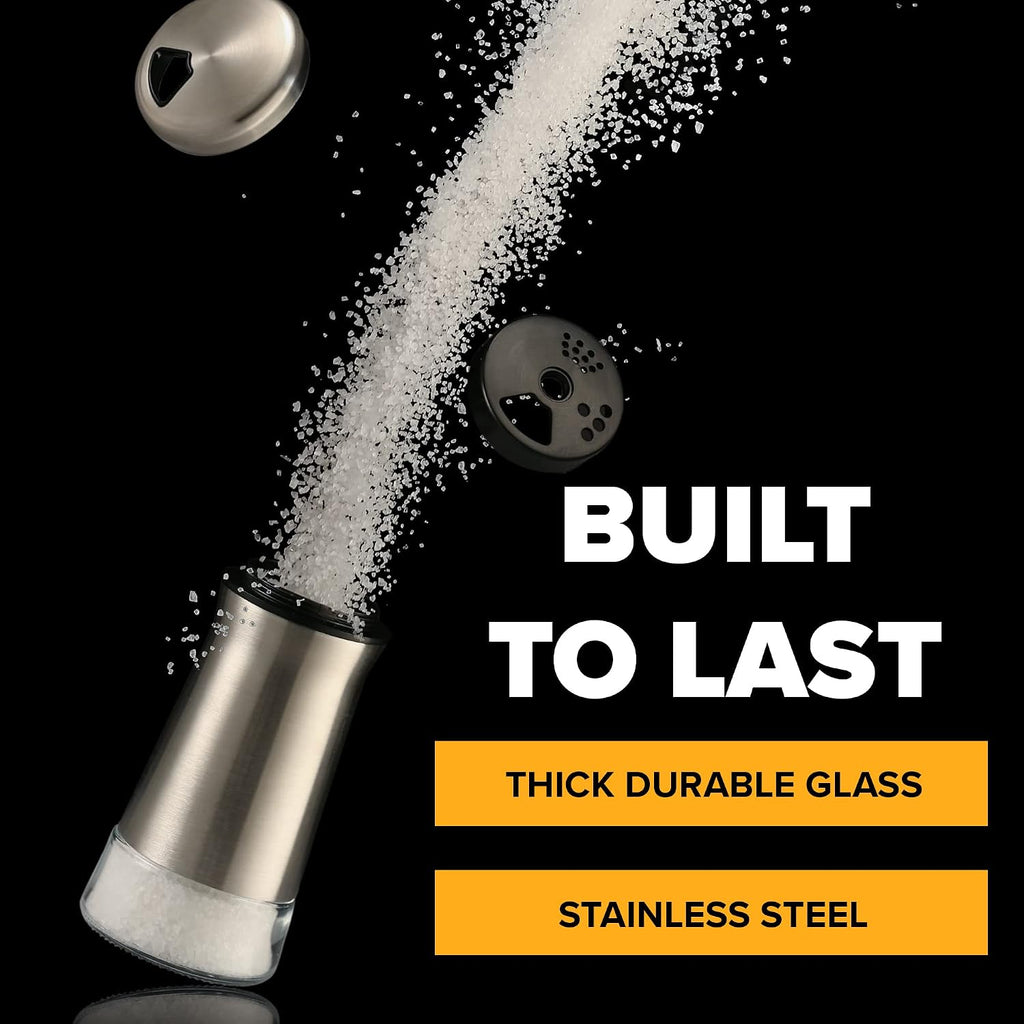 Salt and Pepper Shaker Set, Stainless Steel & Glass Spice Shakers, Adjustable Pour Holes, Refillable Salt & Pepper