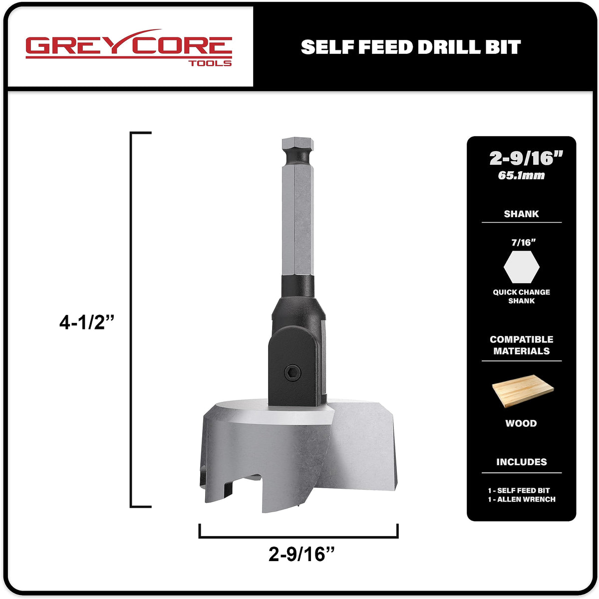 Greycore Tools Self-Feed Drill Bit – Single-Cutter Self Feed Drill 2-9/16 Inch – Professional Boring Drill Bits for Woodworking – Aggressive Feed Screw Thread for Fast and Smooth Drilling
