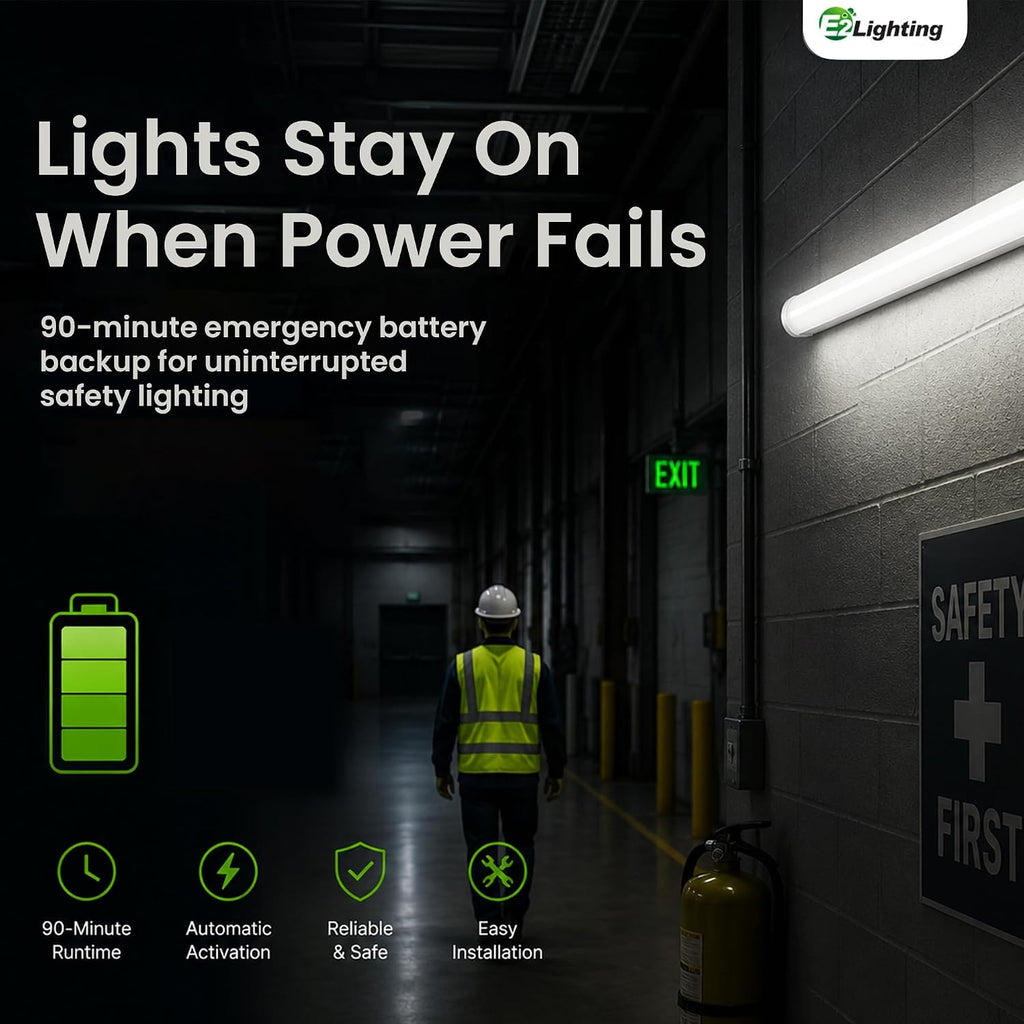 E2 LIGHTING 4ft LED Linear Shop Light, Emergency Battery Backup