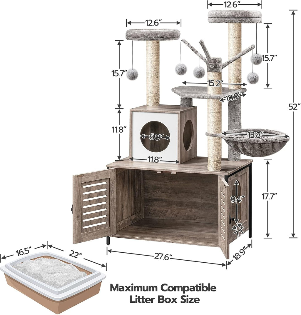 Cat Tree with Litter Box Enclosure, 27.6" L x 18.9" W x 52" H, All-in-One Wooden Cat Tower, Cat Furniture for Indoor