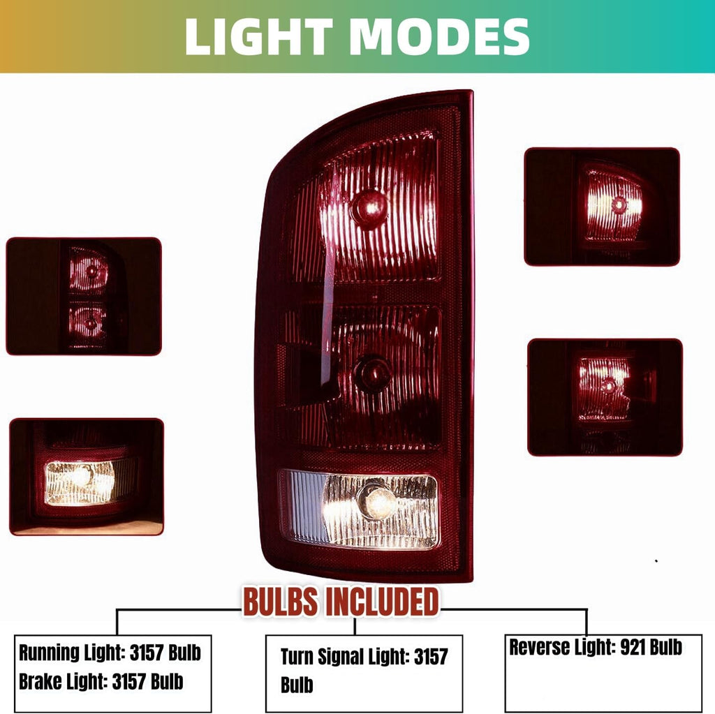 Tail Lights w/Circuit Board For 2002 2003 2004 2005 2006 Dodge Ram 1500 pickup 2003 2004 2005 2006 Dodge Ram 2500 3500 Pickup; Rear Brake Lamps w/Connector plate and Bulbs (Smoke Red)