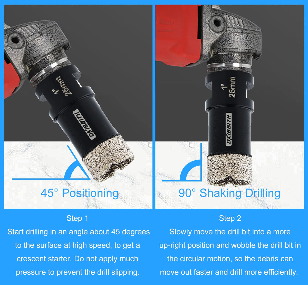 DKIBBITH 1 Inch Dry Diamond Core Drill Bits, 25mm Tile Vacuum Brazed Angle Grinder Hole Saw for Porcelain Ceramic Granite Brick Concrete with 5/8-11 Thread to 3/8” Hex Shank Adapter, Black