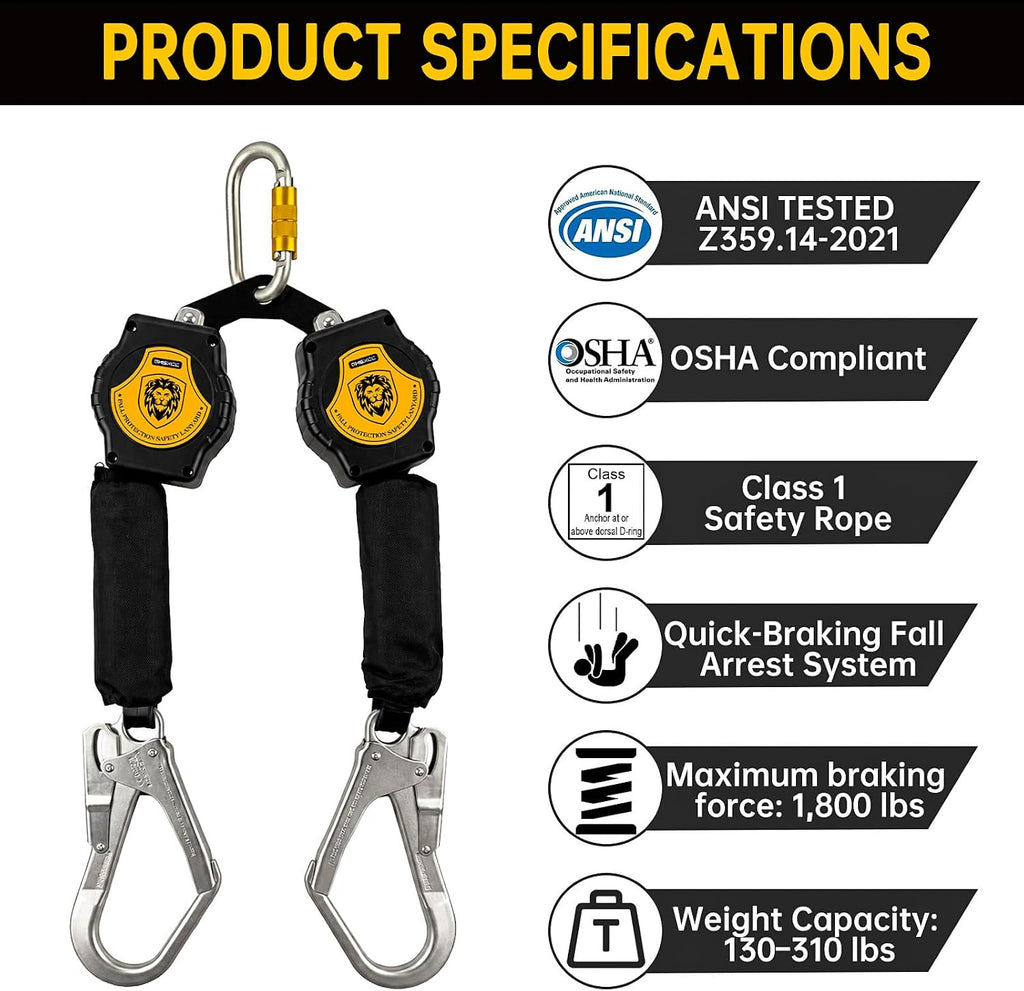 Fall Protection Safety Lanyard - 6FT Double Leg SRL Self Retracting Lifeline Yoyo Roofing Construction Gear OSHA/ANSI
