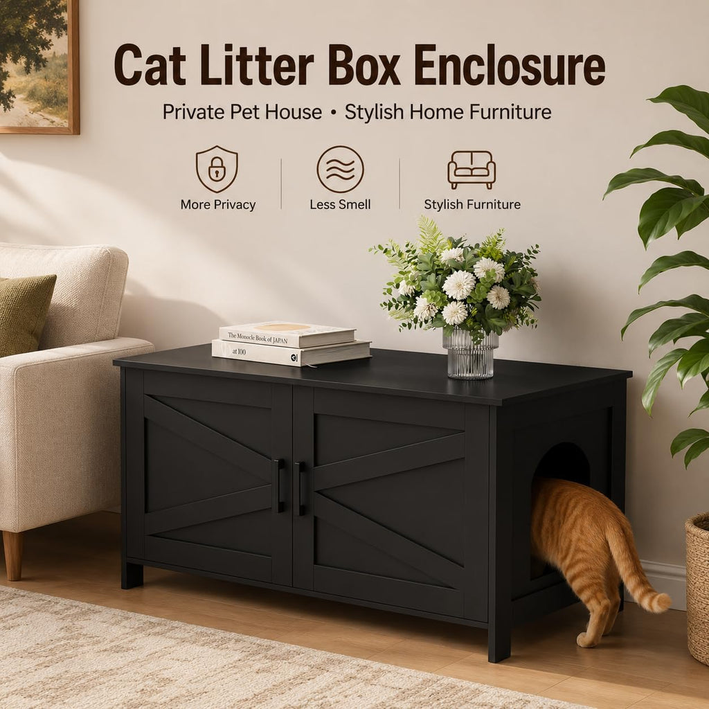 39.4" L Cat Litter Box Enclosure with Barn Door, Black