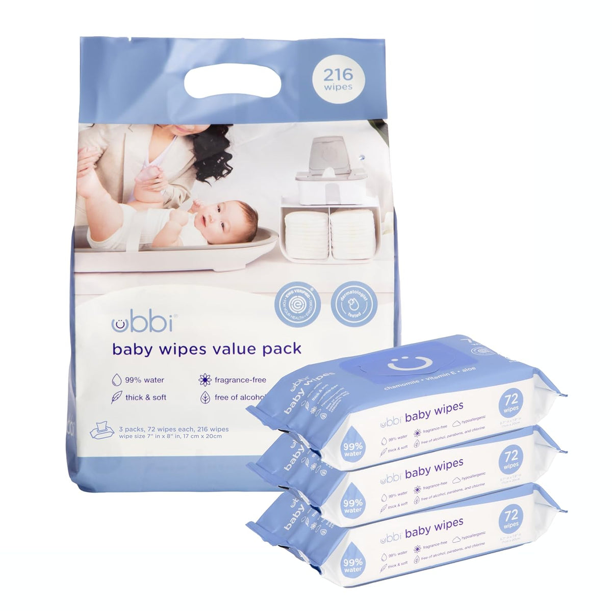 Fragrance-Free Baby Wipes, 99% Water Based, EWG Verified, 3 Pack