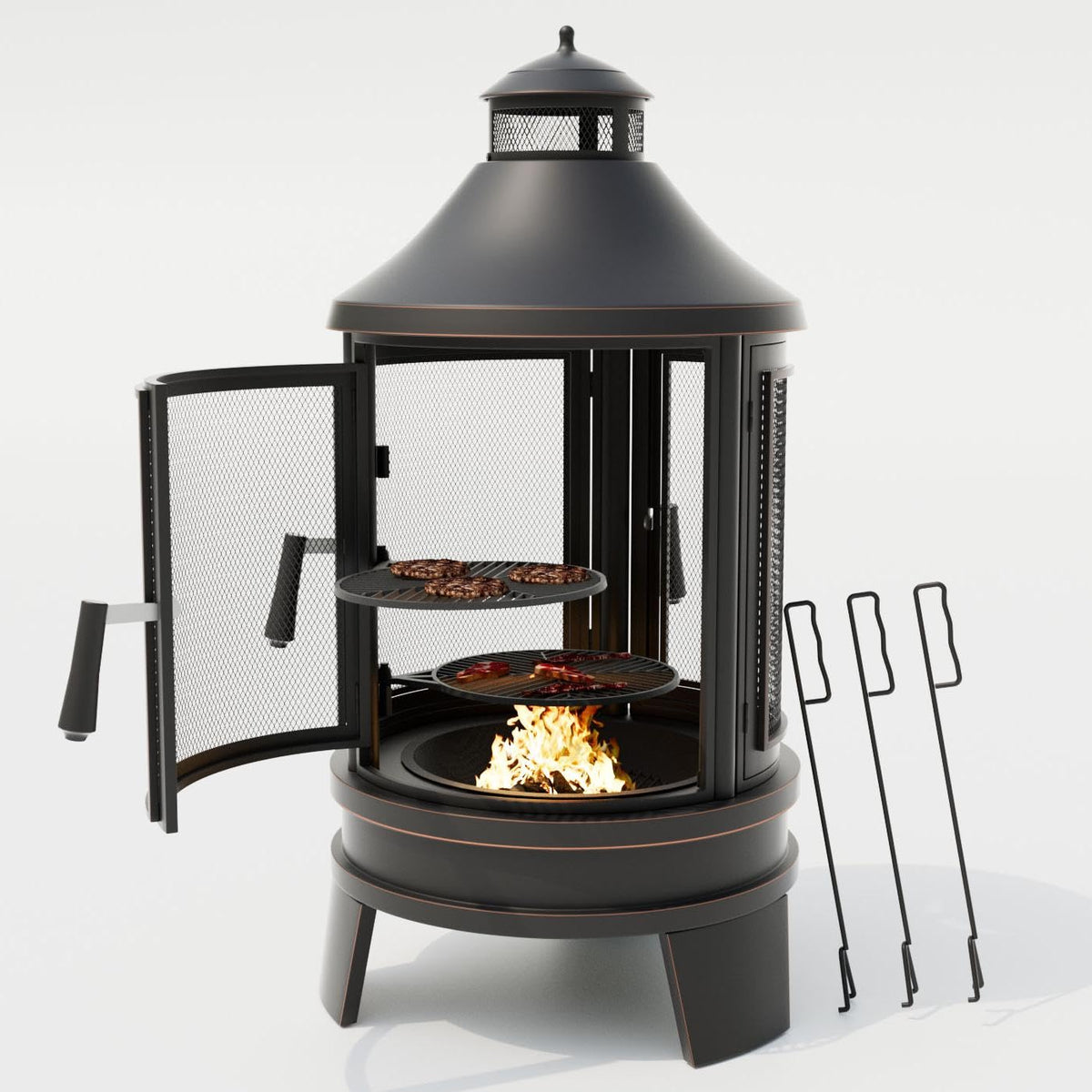 Metal Chiminea Fire Pit with Grill, 2 in 1 Firepit with Adjustable Grill Tray & Mesh Spark Screen Door, 3-Door