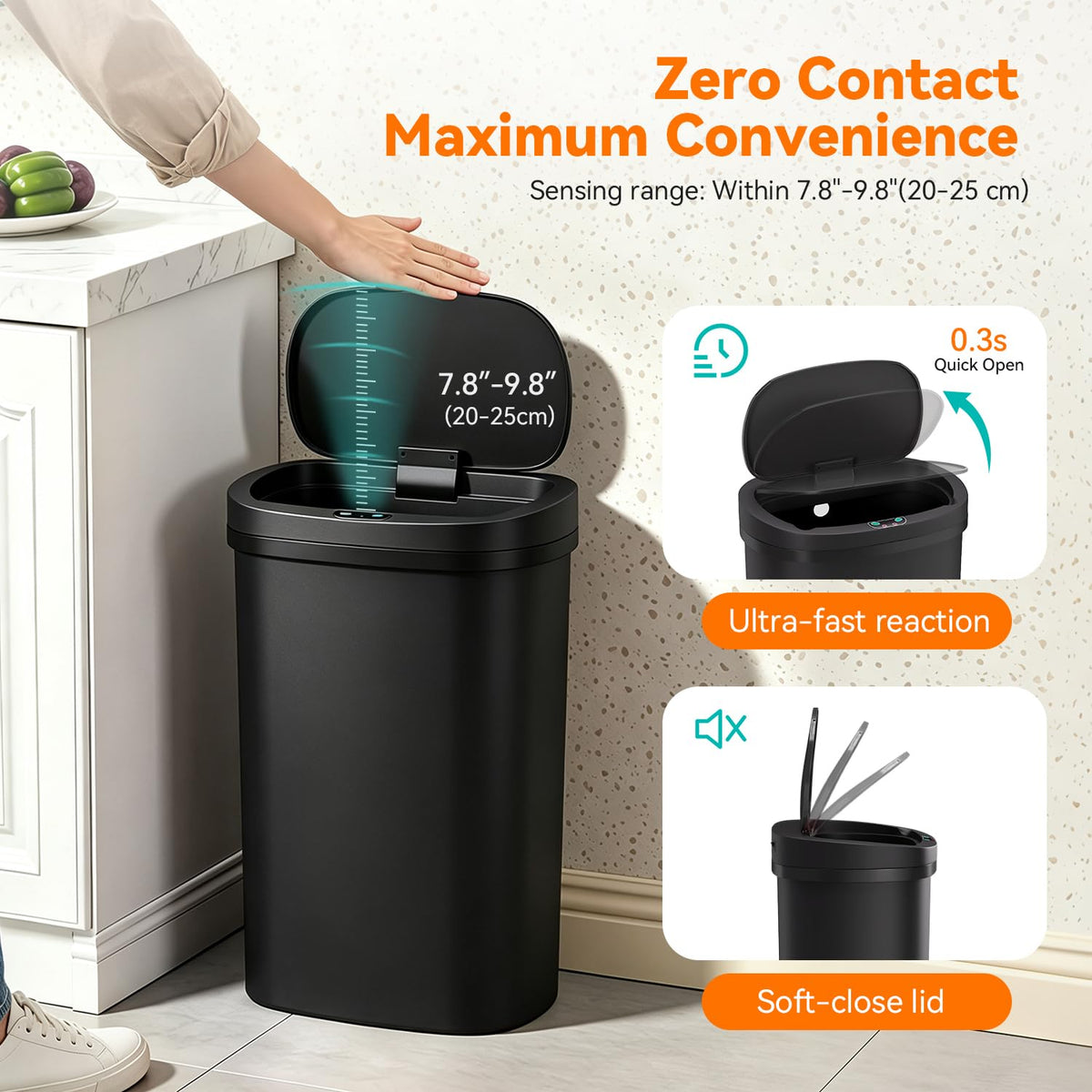 13 Gallon Plastic Trash Can with Lid | Black