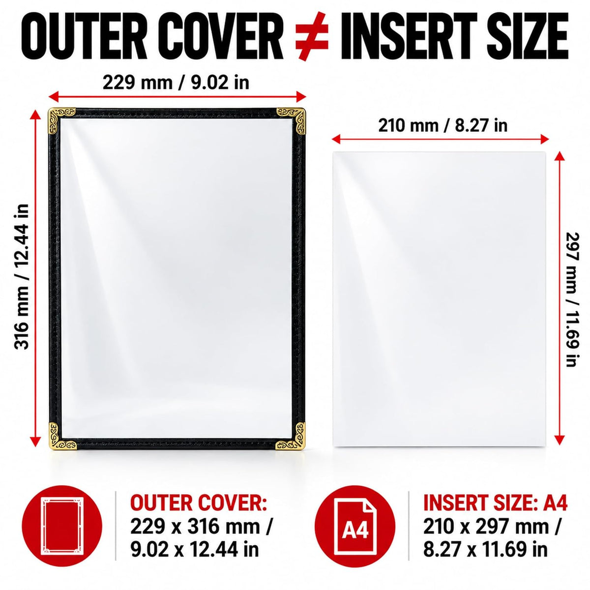 A4 Restaurant Menu Covers, 25 Pack, 8.3 x 11.7 inch, 1 Pocket, 2 Views