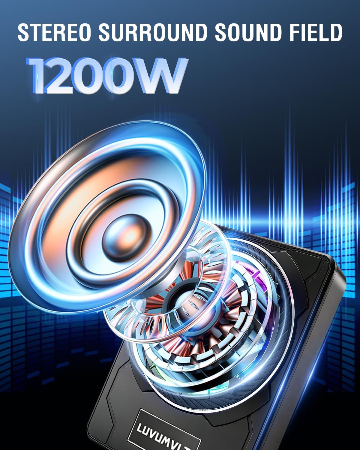 1200W 10" Skull Car Subwoofer with APP-Controlled RGB Beat-Sync Lights, Slim Under Seat Powered Built-in Amplifier